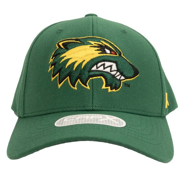 CapX forest green structured adjustable hat from the front with a vintage green and gold mascot head logo